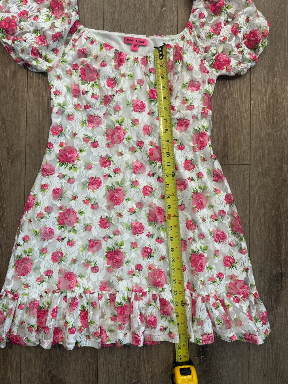 Betsey Johnson Goldie Floral Mini Dress Puff Sleeve Smocked Y2K Large - Picture 11 of 13